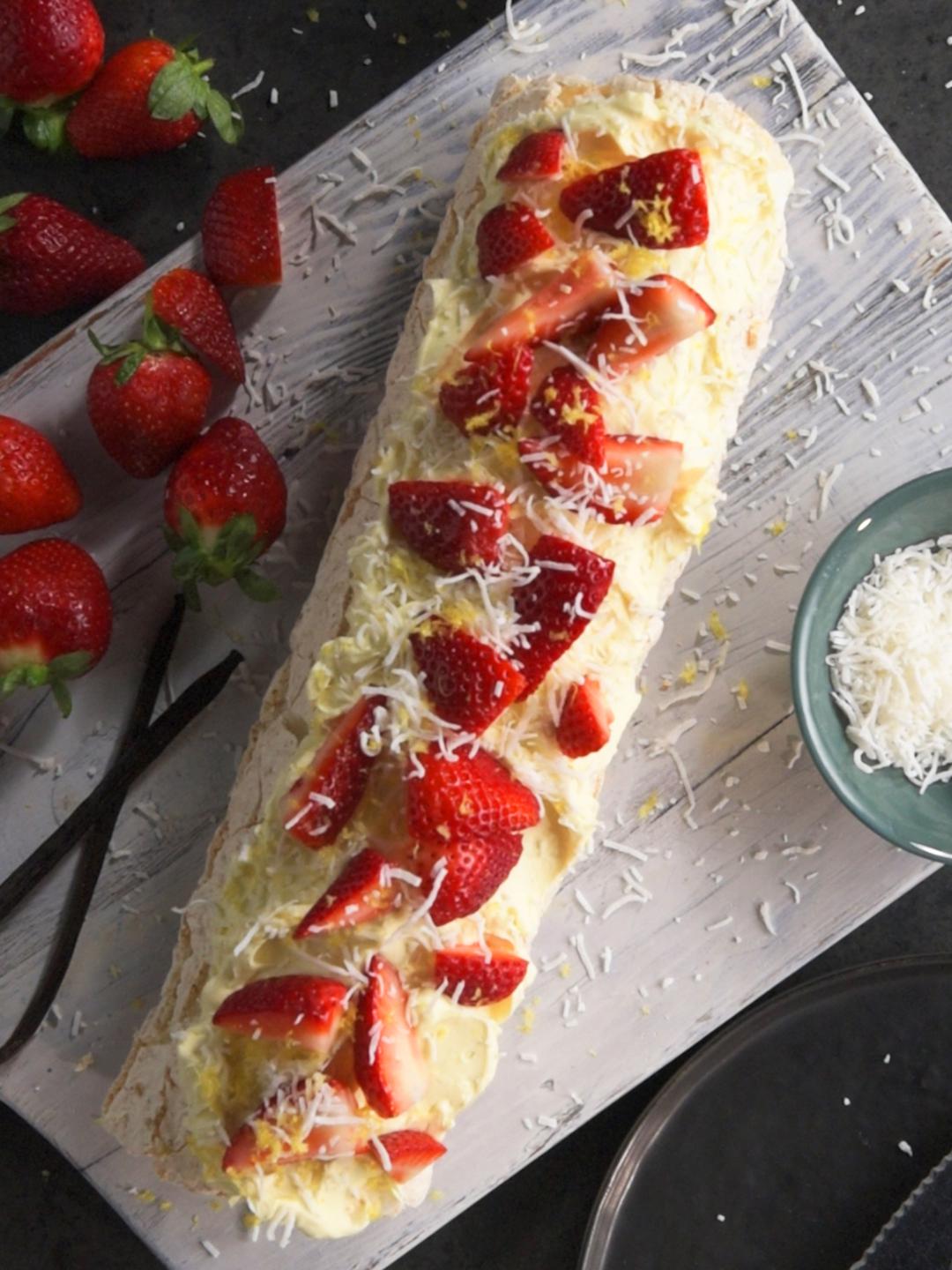 Strawberry, Mascarpone and Coconut Roulade